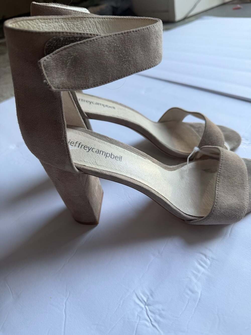 Jeffrey Campbell Lindsay Taupe Suede Ankle Strap Block Heel Sandals